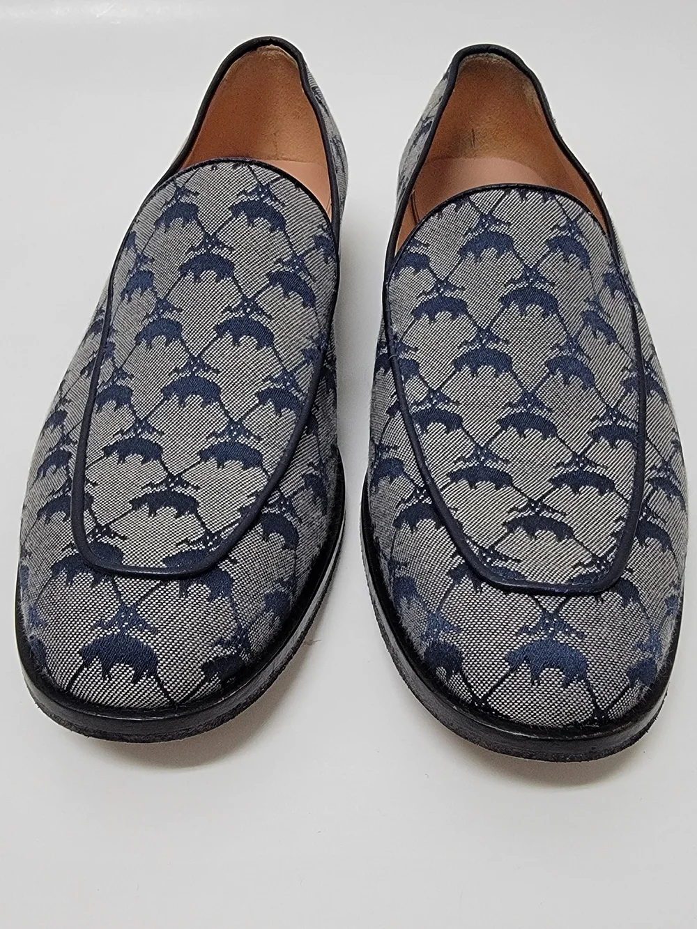 Brooks Brothers Womens Navy Leather Trimmed Logo Jacquard Loafer Dress Shoes 8